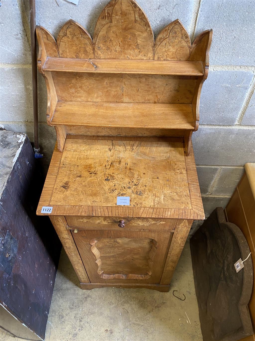 A late Victorian burr ash bedside cupboard, width 51cm, depth 36cm, height 132cm